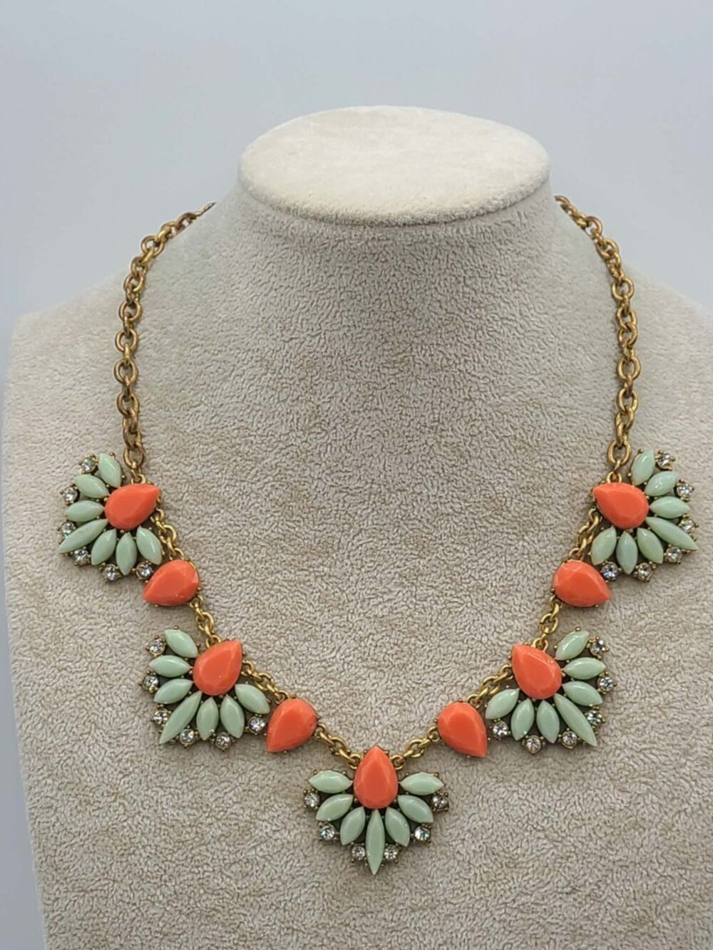 J Crew Orange Green Resin with Clear Crystal Gold Tone Necklace